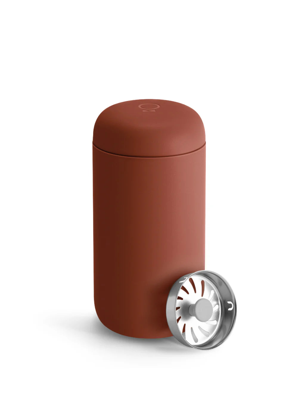 sienna coloured travel mug a silver lid on a white background