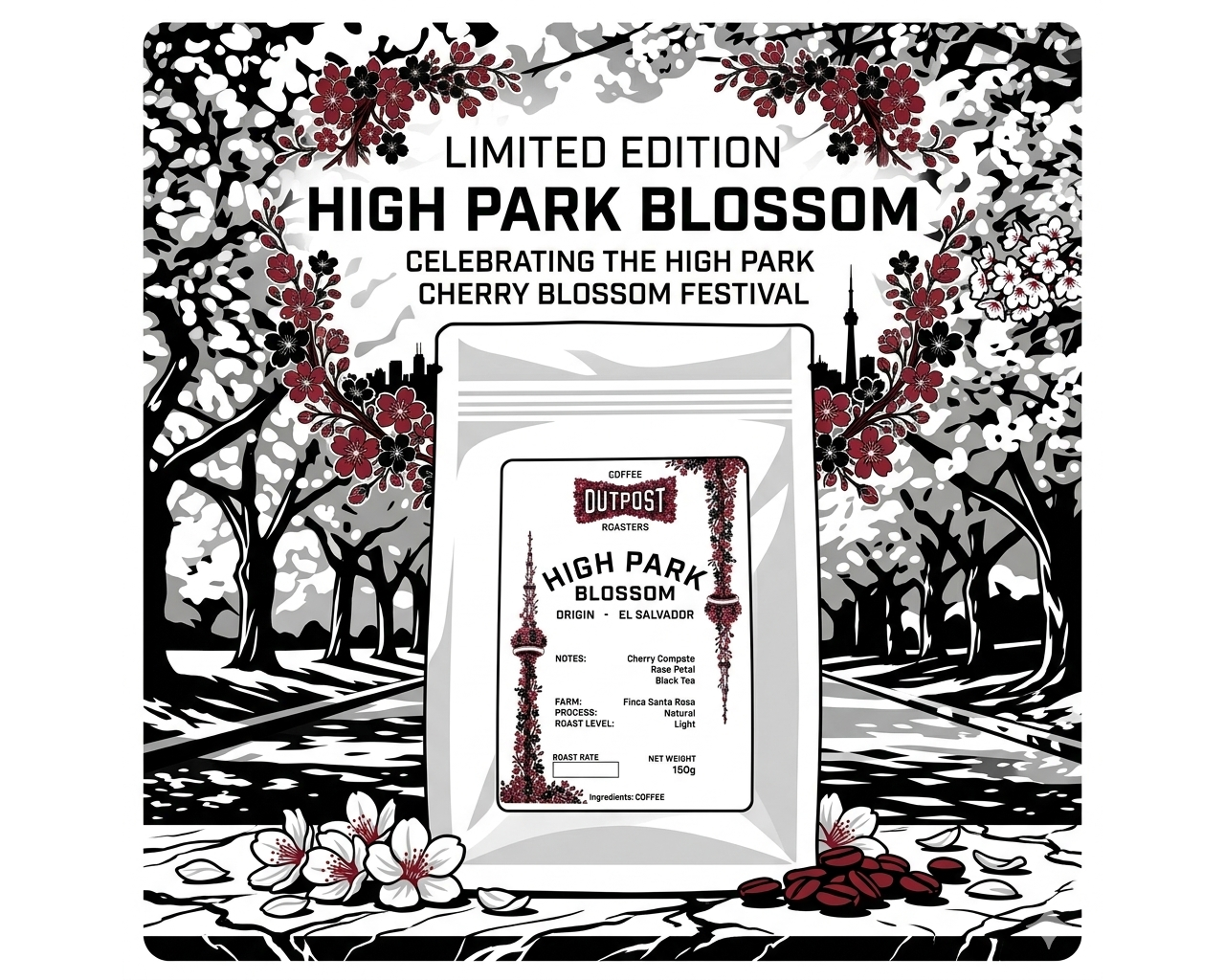 High Park Blossom coffee packaging with cherry blossom design