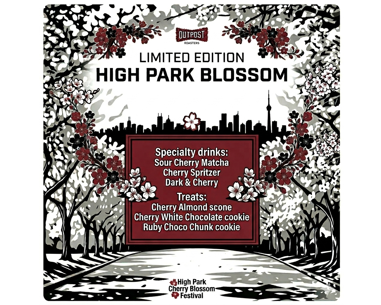 Promotional flyer for High Park Blossom with cherry blossoms and a city skyline.
