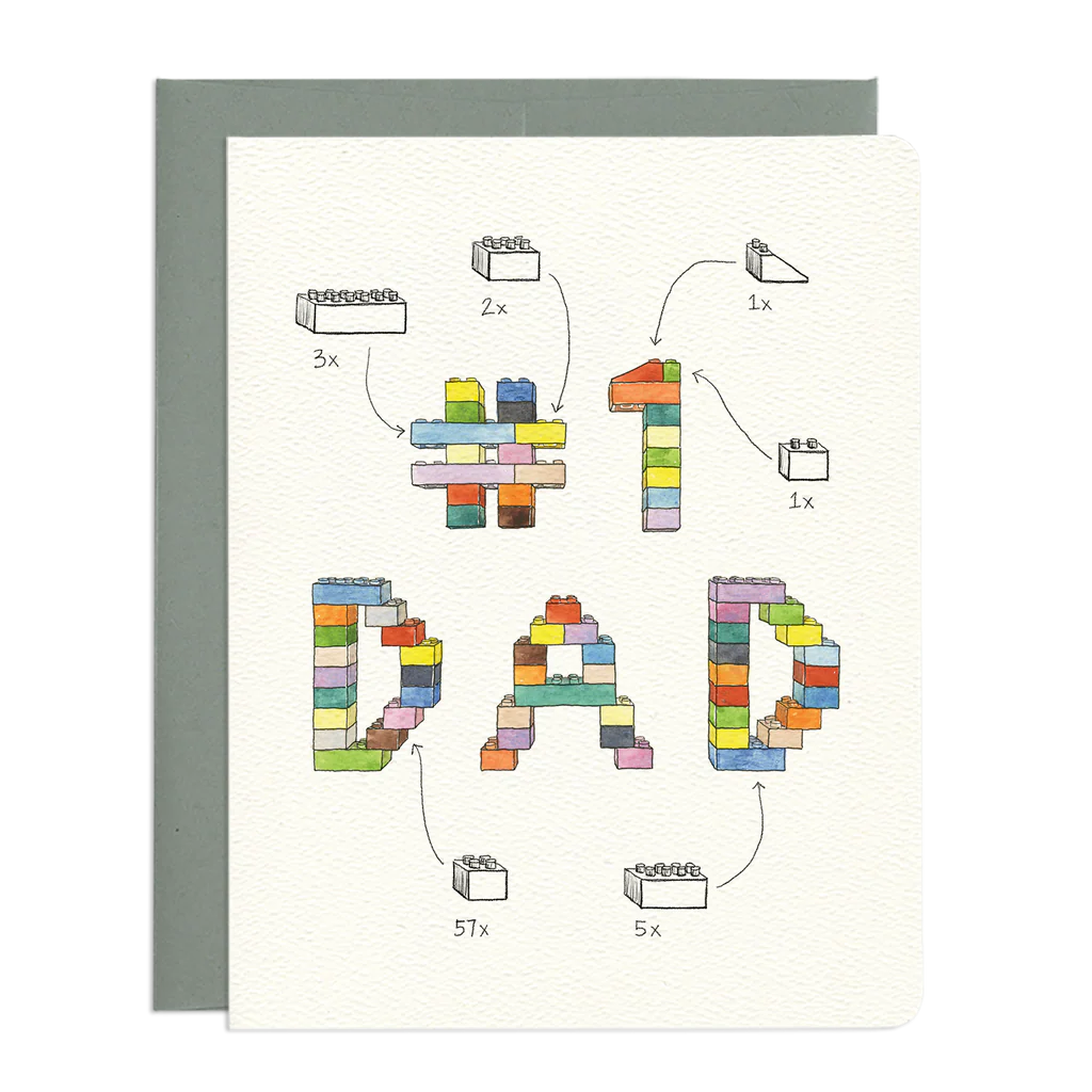 A creative card design featuring colorful LEGO blocks arranged to spell '#1 DAD' with assembly instructions.