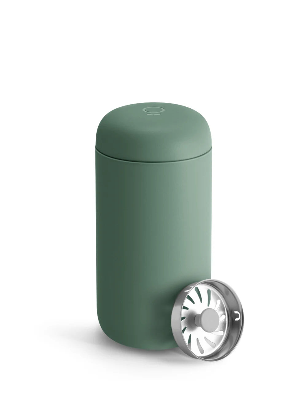 Green travel mug with silver lid on a white background